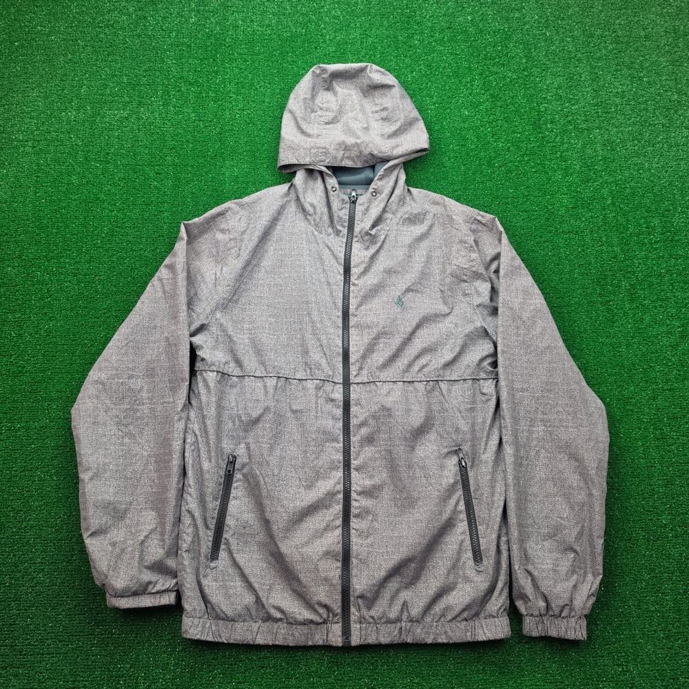 Volcom Windbreaker Jacket Mens Medium Heathered Grey‎ Hooded Full Zip Stone Logo